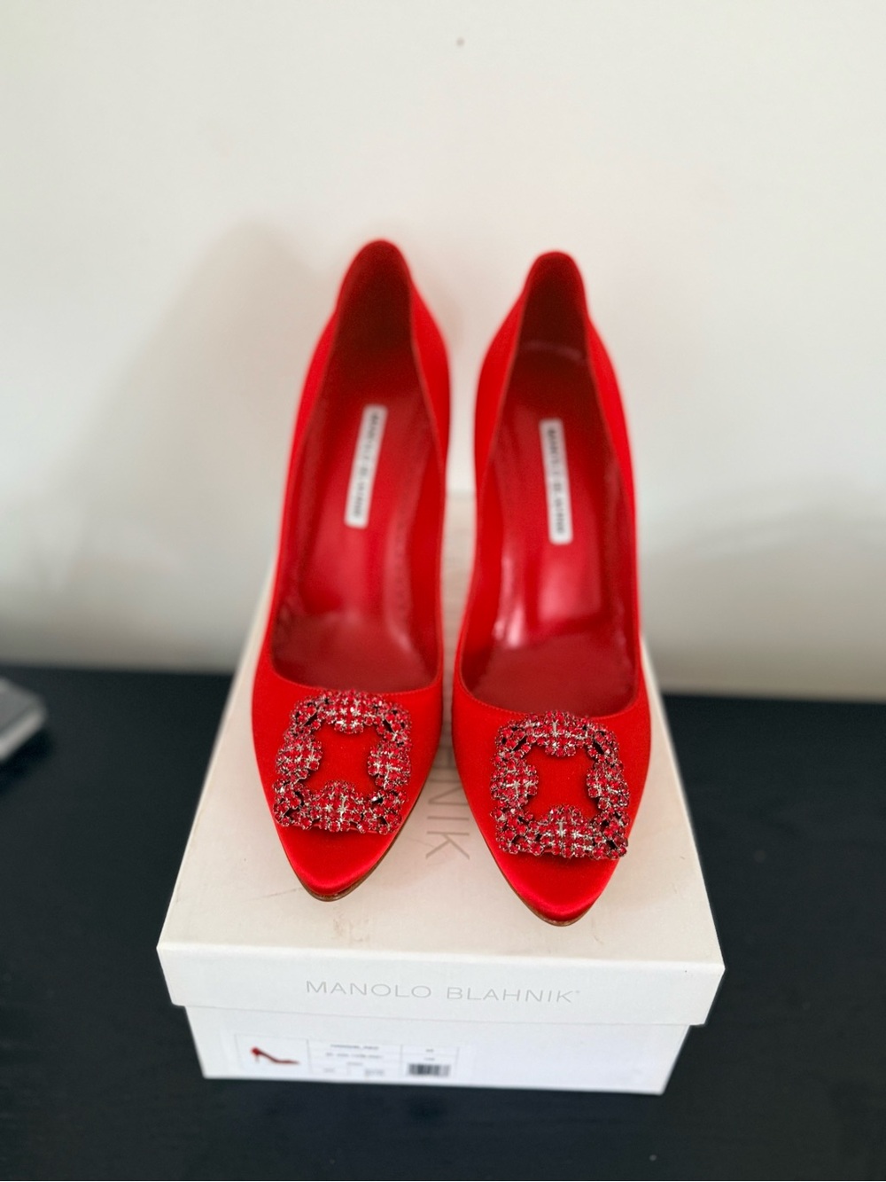 Manolo Blahnik Red Satin Pointed Toe Pumps with Crystal-Embellished Buckles